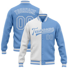 Load image into Gallery viewer, Custom White Light Blue Bomber Full-Snap Varsity Letterman Split Fashion Jacket