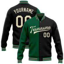 Load image into Gallery viewer, Custom Black Cream-Kelly Green Bomber Full-Snap Varsity Letterman Split Fashion Jacket