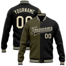 Load image into Gallery viewer, Custom Black Cream-Olive Bomber Full-Snap Varsity Letterman Split Fashion Jacket