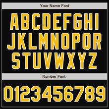 Load image into Gallery viewer, Custom Black Gold-Light Blue Bomber Full-Snap Varsity Letterman Split Fashion Jacket