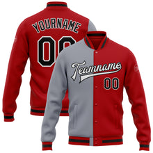 Load image into Gallery viewer, Custom Red Black-Gray Bomber Full-Snap Varsity Letterman Split Fashion Jacket