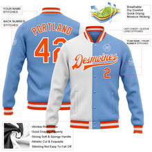 Load image into Gallery viewer, Custom Light Blue Orange-White Bomber Full-Snap Varsity Letterman Split Fashion Jacket