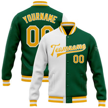 Load image into Gallery viewer, Custom Kelly Green Gold-White Bomber Full-Snap Varsity Letterman Split Fashion Jacket