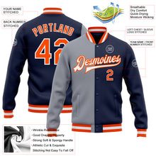 Load image into Gallery viewer, Custom Navy Orange-Gray Bomber Full-Snap Varsity Letterman Split Fashion Jacket