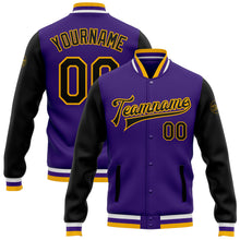 Load image into Gallery viewer, Custom Purple Black-Gold Bomber Full-Snap Varsity Letterman Two Tone Jacket