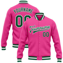 Load image into Gallery viewer, Custom Pink Kelly Green-White Bomber Full-Snap Varsity Letterman Jacket