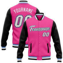 Load image into Gallery viewer, Custom Pink White Black-Light Blue Bomber Full-Snap Varsity Letterman Two Tone Jacket