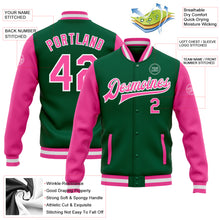 Load image into Gallery viewer, Custom Kelly Green Pink-White Bomber Full-Snap Varsity Letterman Two Tone Jacket