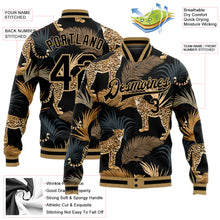 Load image into Gallery viewer, Custom Black Black-Old Gold Tropical Leopard With Palms 3D Pattern Design Bomber Full-Snap Varsity Letterman Jacket