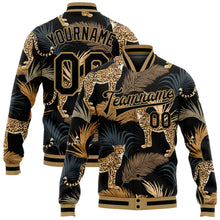 Load image into Gallery viewer, Custom Black Black-Old Gold Tropical Leopard With Palms 3D Pattern Design Bomber Full-Snap Varsity Letterman Jacket