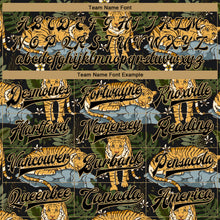 Load image into Gallery viewer, Custom Black Black-Old Gold Tropical Tiger With Palms 3D Pattern Design Bomber Full-Snap Varsity Letterman Jacket