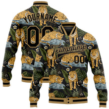 Load image into Gallery viewer, Custom Black Black-Old Gold Tropical Tiger With Palms 3D Pattern Design Bomber Full-Snap Varsity Letterman Jacket