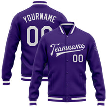 Load image into Gallery viewer, Custom Purple White Bomber Full-Snap Varsity Letterman Jacket