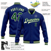 Load image into Gallery viewer, Custom Royal Green-Cream Bomber Full-Snap Varsity Letterman Jacket