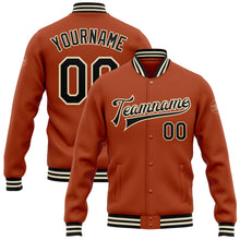 Load image into Gallery viewer, Custom Texas Orange Black-Cream Bomber Full-Snap Varsity Letterman Jacket