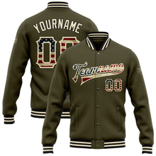 Load image into Gallery viewer, Custom Olive Vintage USA Flag Cream-Black Bomber Full-Snap Varsity Letterman Salute To Service Jacket