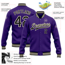 Load image into Gallery viewer, Custom Purple Black-Cream Bomber Full-Snap Varsity Letterman Jacket