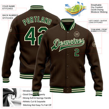 Load image into Gallery viewer, Custom Brown Green-Cream Bomber Full-Snap Varsity Letterman Jacket