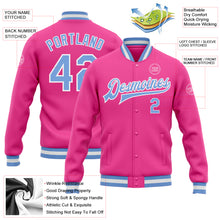 Load image into Gallery viewer, Custom Pink Light Blue-White Bomber Full-Snap Varsity Letterman Jacket