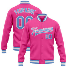 Load image into Gallery viewer, Custom Pink Light Blue-White Bomber Full-Snap Varsity Letterman Jacket