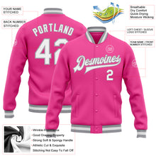 Load image into Gallery viewer, Custom Pink White-Gray Bomber Full-Snap Varsity Letterman Jacket