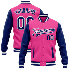 Load image into Gallery viewer, Custom Pink Royal-White Bomber Full-Snap Varsity Letterman Two Tone Jacket