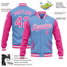 Load image into Gallery viewer, Custom Light Blue Pink-White Bomber Full-Snap Varsity Letterman Two Tone Jacket