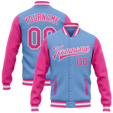 Load image into Gallery viewer, Custom Light Blue Pink-White Bomber Full-Snap Varsity Letterman Two Tone Jacket
