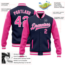 Load image into Gallery viewer, Custom Navy Pink-White Bomber Full-Snap Varsity Letterman Two Tone Jacket