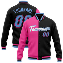 Load image into Gallery viewer, Custom Black Light Blue-Pink Bomber Full-Snap Varsity Letterman Split Fashion Jacket