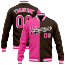 Load image into Gallery viewer, Custom Brown Pink-White Bomber Full-Snap Varsity Letterman Split Fashion Jacket