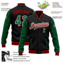 Load image into Gallery viewer, Custom Black Kelly Green-Red Bomber Full-Snap Varsity Letterman Two Tone Jacket