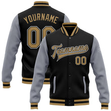 Load image into Gallery viewer, Custom Black Old Gold-Gray Bomber Full-Snap Varsity Letterman Two Tone Jacket
