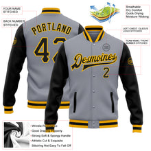 Load image into Gallery viewer, Custom Gray Black-Gold Bomber Full-Snap Varsity Letterman Two Tone Jacket