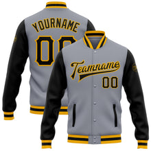Load image into Gallery viewer, Custom Gray Black-Gold Bomber Full-Snap Varsity Letterman Two Tone Jacket