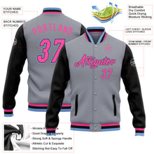 Load image into Gallery viewer, Custom Gray Pink Black-Light Blue Bomber Full-Snap Varsity Letterman Two Tone Jacket