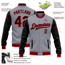 Load image into Gallery viewer, Custom Gray Black-Red Bomber Full-Snap Varsity Letterman Two Tone Jacket