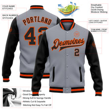 Load image into Gallery viewer, Custom Gray Black-Orange Bomber Full-Snap Varsity Letterman Two Tone Jacket