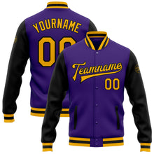 Load image into Gallery viewer, Custom Purple Gold-Black Bomber Full-Snap Varsity Letterman Two Tone Jacket