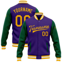 Load image into Gallery viewer, Custom Purple Gold-Kelly Green Bomber Full-Snap Varsity Letterman Two Tone Jacket