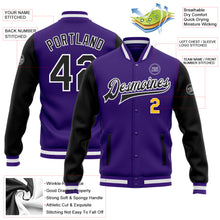 Load image into Gallery viewer, Custom Purple Black-Gold Bomber Full-Snap Varsity Letterman Two Tone Jacket
