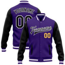 Load image into Gallery viewer, Custom Purple Black-Gold Bomber Full-Snap Varsity Letterman Two Tone Jacket