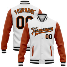 Load image into Gallery viewer, Custom White Black-Texas Orange Bomber Full-Snap Varsity Letterman Two Tone Jacket