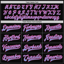 Load image into Gallery viewer, Custom Black Light Blue-Pink Bomber Full-Snap Varsity Letterman Jacket