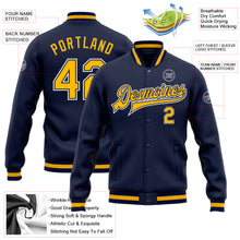 Load image into Gallery viewer, Custom Navy Gold-White Bomber Full-Snap Varsity Letterman Jacket