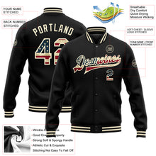 Load image into Gallery viewer, Custom Black Vintage USA Flag-Cream Bomber Full-Snap Varsity Letterman Jacket
