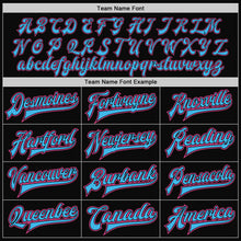 Load image into Gallery viewer, Custom Black Pink-Sky Blue Bomber Full-Snap Varsity Letterman Jacket