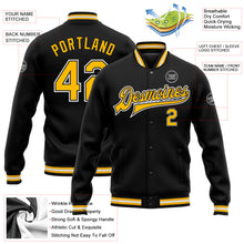 Load image into Gallery viewer, Custom Black Gold-White Bomber Full-Snap Varsity Letterman Jacket