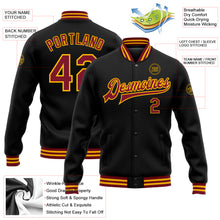 Load image into Gallery viewer, Custom Black Crimson-Gold Bomber Full-Snap Varsity Letterman Jacket