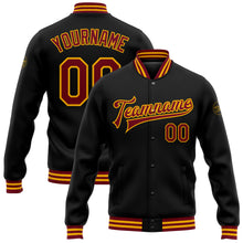 Load image into Gallery viewer, Custom Black Crimson-Gold Bomber Full-Snap Varsity Letterman Jacket
